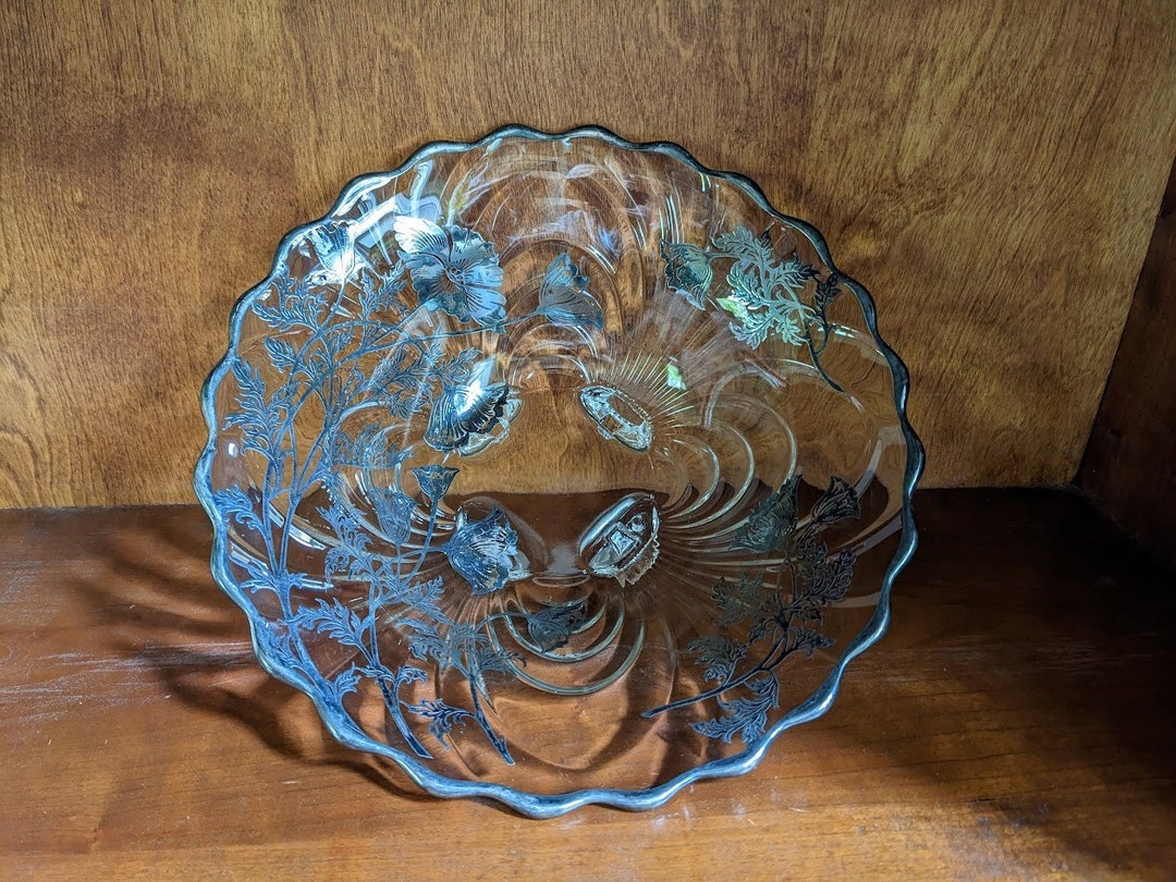 Vintage Silver Inlay Glass Bowl With Poppy Pattern 9 Etsy