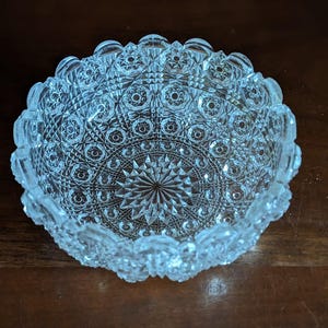 May include: A clear, pressed glass bowl featuring a complex geometric pattern. The interior base displays a prominent starburst design, surrounded by repeating circular motifs and diamond-shaped cross-hatching that extends to the scalloped rim.