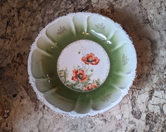 Claire Bavaria ~ Hand Painted Irish Green Luster with Poppies and Daisies Floral Porcelain Bowl with Gold Accents ~ 9 inch