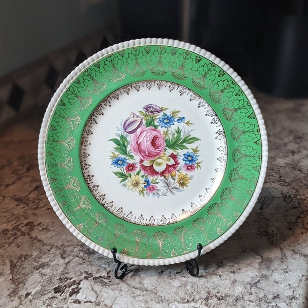 Simpson's Potters SOLIAN WARE Cobridge England Green and Gold Dinner 10.75" Dinner Plate with Rose and Floral Decoration