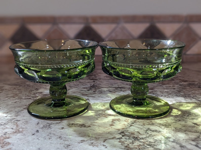 Indiana Glass King's Crown Forest Green Thumbprint Footed Sherbet Dishes