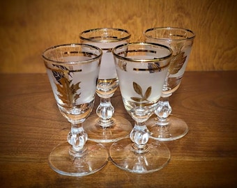 Libbey Mid Century Gold Leaf or Golden Foliage Frosted Cordial Glasses ~ Set of 4