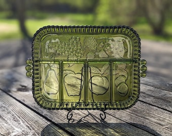 Indiana Glass Avocado Green Oblong Pressed Glass Relish Tray with Fruit Decoration, Scalloped Edges and Beaded Handles