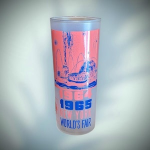Vintage 1964-1965 New York World&#39;s Fair Tall Frosted Collectable Iced Tea Drink or Barware Glass featuring Pool of Industry