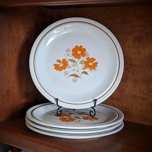 Color Stone By Nikko Stoneware Dinner Plates with Retro 70s Orange Flowers. 70s Orange, Bronze, Avocado Colors. ~ Set of 4