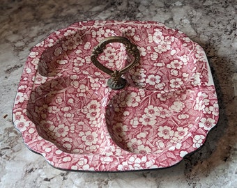 Red Transfer Ware Relish Tray with Copper Handle ~ Made in Japan