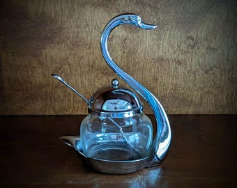 Sucrier à condiments cygne argenté avec bocal en verre amovible et cuillère assortie