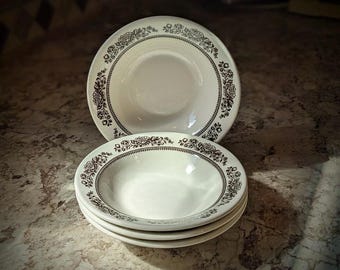 Royal China by Jeannette SUSSEX Cavalier Dessert Soup Bowls with Brown Floral Design on Off White background ~ Set of 4
