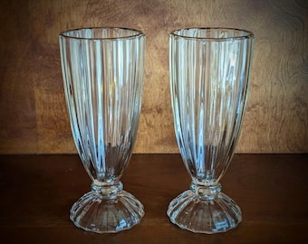 Vintage 50s 60s Mid Century Tall Ribbed Soda Fountain Glasses for Milkshakes and Ice Cream Sodas