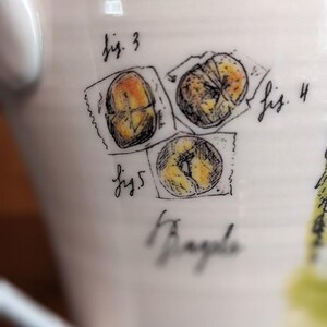 May include: Close-up of a white ceramic surface with a hand-drawn illustration of bagels. The illustration includes three bagels labeled "fig. 3", "fig. 4", and "fig. 5", with the word "Bagels" below.