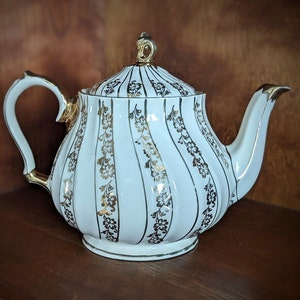 SADLER Teapot with Lid Mid-Century Hand painted with Gold Stripes, Flowers and Accents ~ England