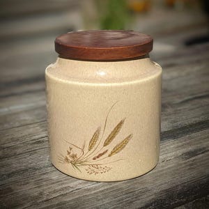 HYALYN Pottery Wheat Pattern Earthtone 5-inch Tall Ceramic Canister with Wooden Lid
