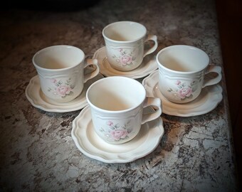 Pfaltzgraff Tea Rose Stoneware Teacups and Saucers ~ Set of 4