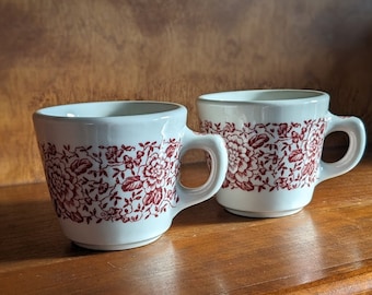 McNichol China Restaurant Ware Red Transferware Floral Coffee Tea Cups ~ Set of 2