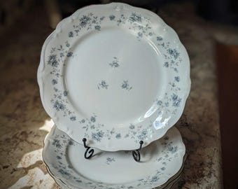 Johann Haviland Bavaria Germany Blue Floral Garland 10&quot; Dinner Plates with Powder Blue Blossoms and Silver Edging ~ Set of 4