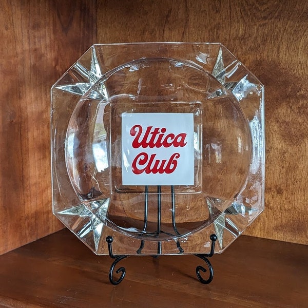 Mid Century Large Chunky Clear Glass Bowling Alley, Barroom, Hotel Lounge, Restaurant Promotional Utica Club Ashtray ~ 8 inches square