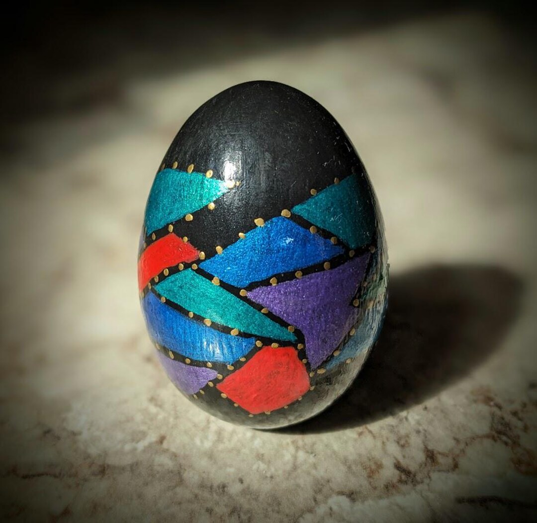 Angular Patchwork Hand Painted Wooden Easter Egg With Abstract Angular Patchwork Metallic ...