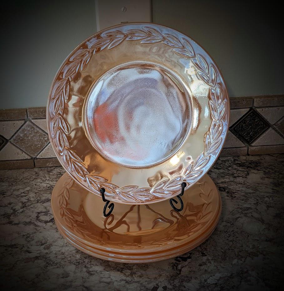 Vintage Fire King Peach Lusterware with Laurel Leaf Design Glass 9" Dinner or Salad Plates ~ Set of 4 Plates