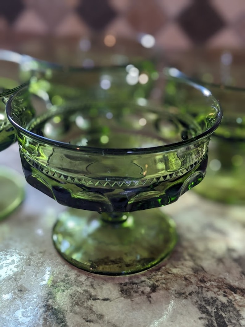 Indiana Glass King's Crown Forest Green Thumbprint Footed Sherbet Dishes - Thumbnail 2