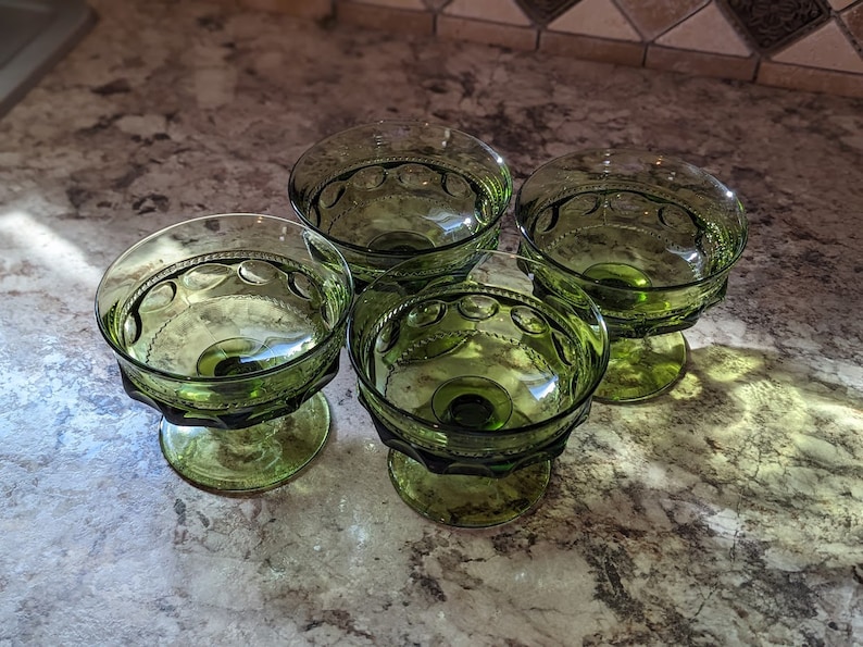 Indiana Glass King's Crown Forest Green Thumbprint Footed Sherbet Dishes - Thumbnail 5