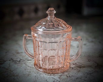 Hazel Atlas 1930's Pink Depression Glass Two Handled Lidded Sugar Bowl with Block Design