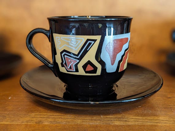 Vintage Arcoroc France TAMPICO Black Abstract Design Shades of