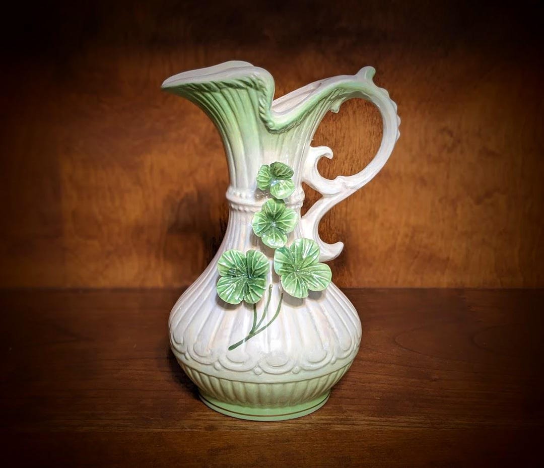Vintage Porcelain Hand Painted Green and White Small Pitcher Vase ...