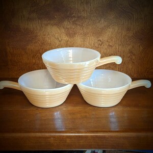 Vintage Fire King Luster Ware Ribbed Peach or Salmon Colored Milk Glass Soup Bowls with Handles ~ Set of 3