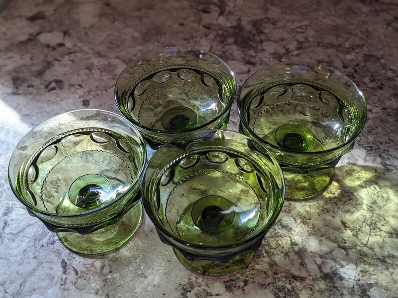 Indiana Glass King's Crown Forest Green Thumbprint Footed Sherbet Dishes - Thumbnail 4