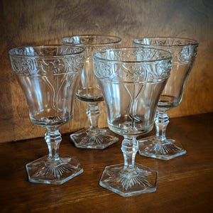 Indiana Silver by Indiana Glass EAPG Vintage 1913-1918 Leaves, Flowers and Stems and Multi Side Footed Base Wine Glass or Small Water Goblet