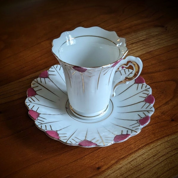 Occupied Japan Ucagco Rose Pink, Gold and White Hand painted Demitasse Teacup and Saucer