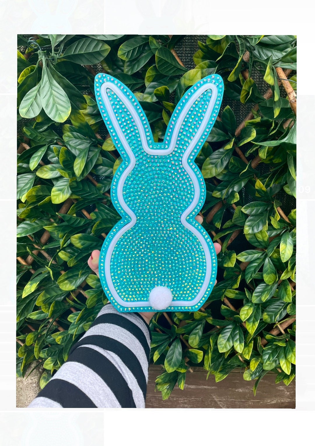 Aqua Blue Aurora Borealis Gemstone Wooden Neon LED Hand Bedazzled Bunny ...