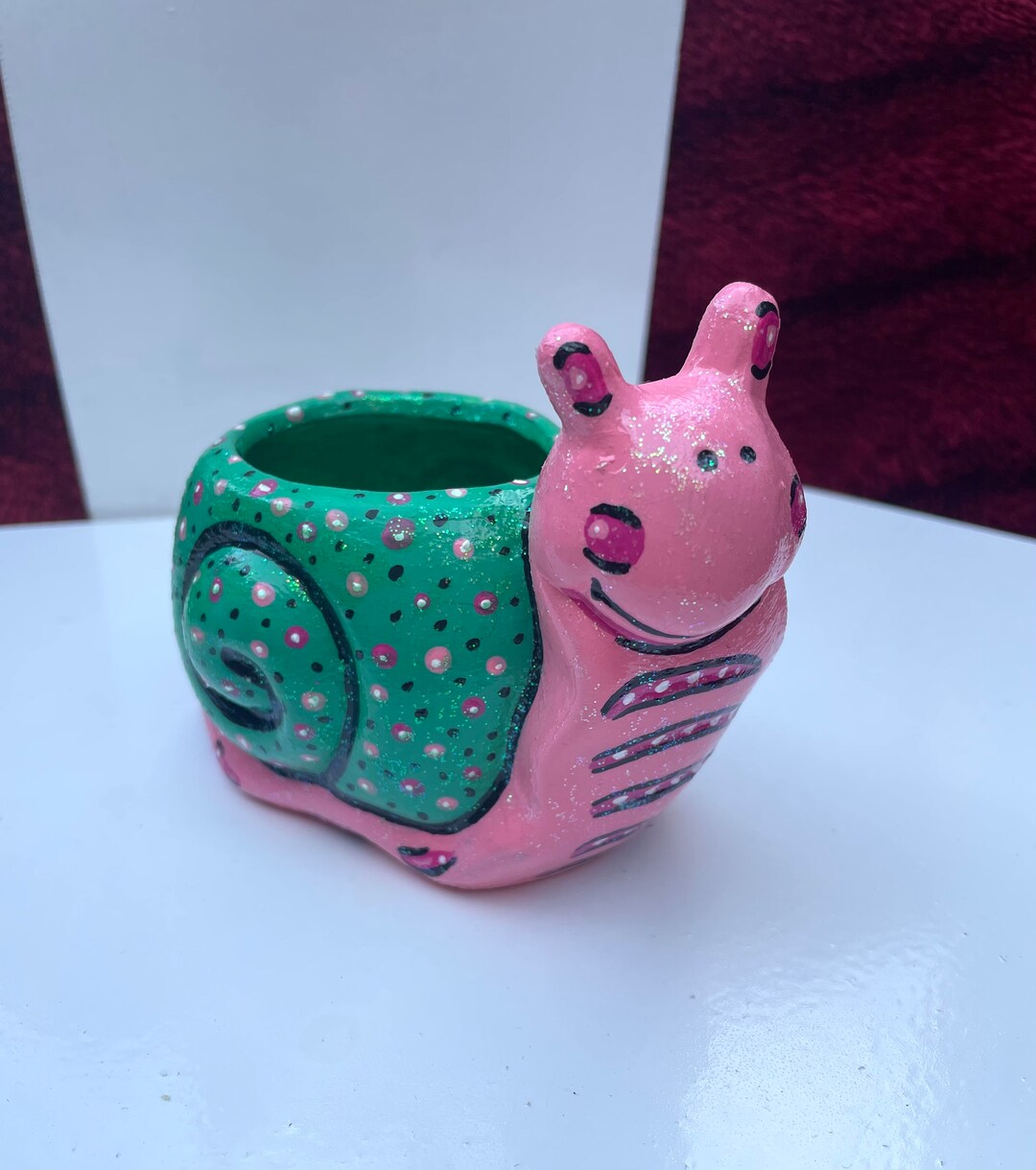 Hand Painted Quirky Pink & Green Dot Work Ceramic Snail Pot Etsy