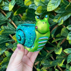 Iridescent lime green & turquoise bedazzled gemstone ceramic handmade snail plant/storage pot (indoor planter, quirky decor)