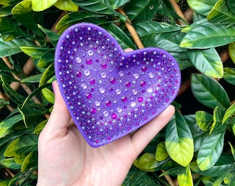 Purple glitter bedazzled magenta & lilac gemstone heart shaped handmade ceramic trinket/jewellery dish (y2k inspired)