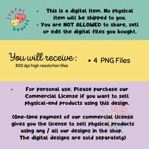 May include: A digital download of 4 PNG files featuring a cute heart design. The image includes text stating that the files are for personal use only and that a commercial license is required for selling physical products using the design.