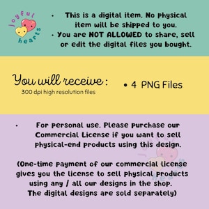 May include: Digital item information graphic with text on a yellow, teal, and purple background. Text includes "You will receive: 4 PNG Files" and details about personal and commercial use of the digital designs.