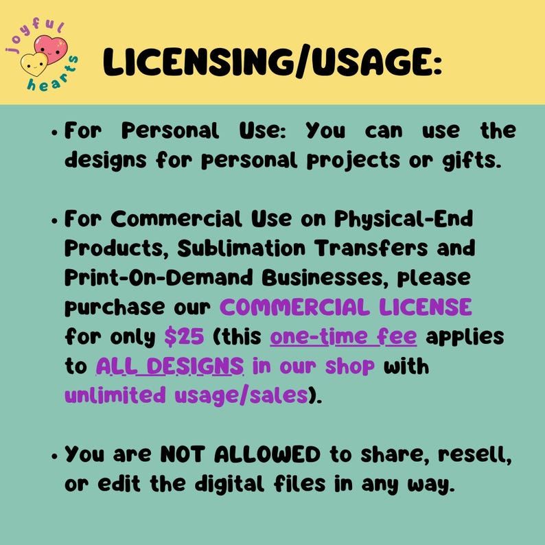 May include: Text on a light blue background outlining the licensing and usage terms for commercial and personal use of designs. The text states that for commercial use on physical-end products, sublimation transfers, and print-on-demand businesses, a commercial license is required for $25. The license applies to all designs in the shop with unlimited usage and sales. The text also states that sharing, reselling, or editing the digital files is not allowed.