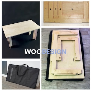 May include: A wooden folding table with a black carrying case. The table is made of plywood and has a natural wood finish. The table folds flat for easy storage and transport. The carrying case has a black zipper and a handle.