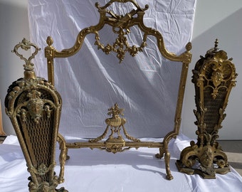 Louis XVI Style Figural Bronze Firescreen with Tools