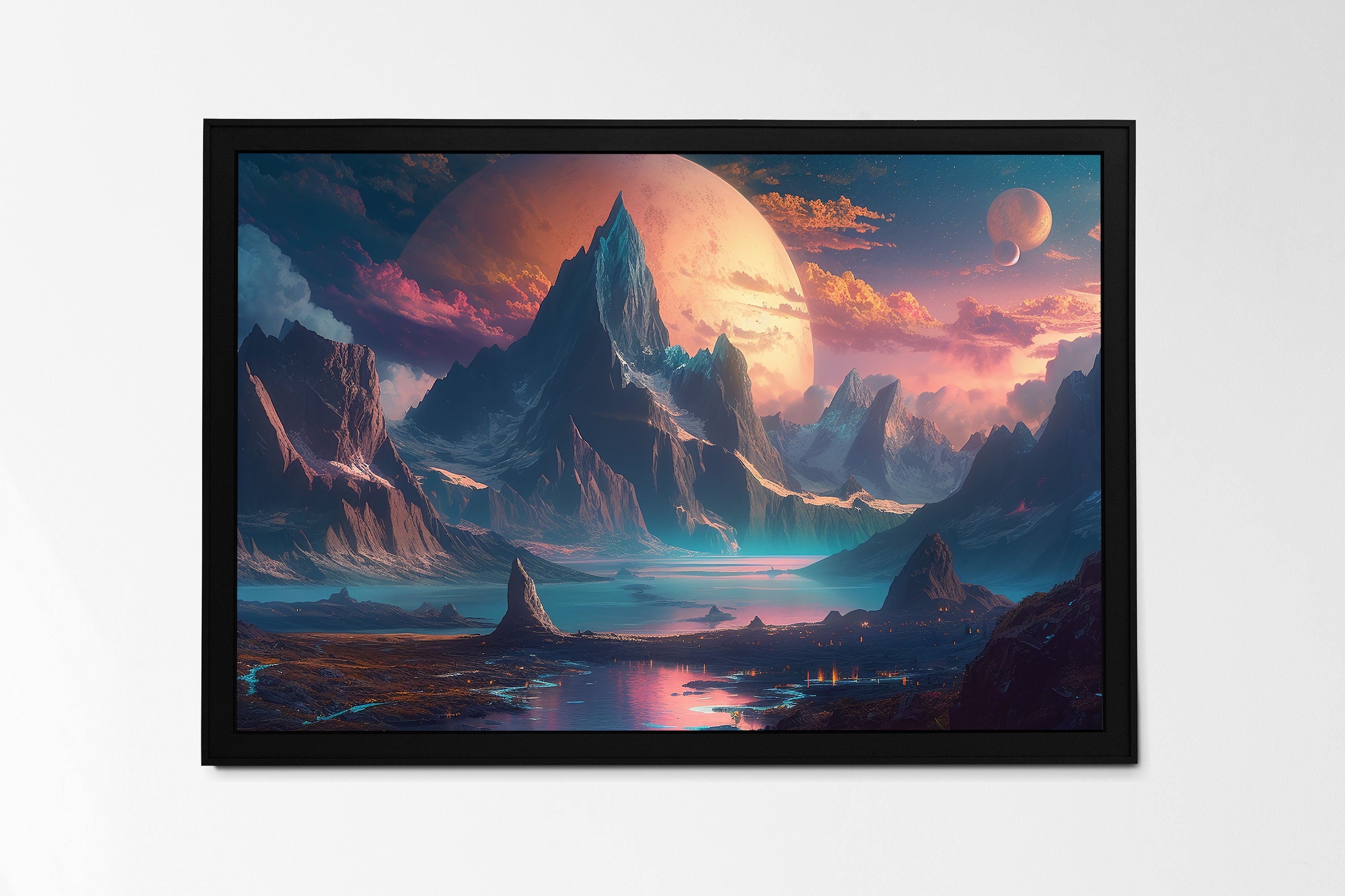 Celestial Tundra: alien, mountain tundra, surreal sky, giant moon,misty waters, snowy peaks, pink orange sky, blue sky, grassy landscape