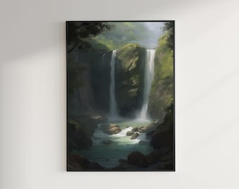 The place within: Pacific Northwest, waterfall art, impressionist painting, forest scene, natural beauty, serene landscape,rainforest.