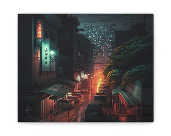 Night Glow (Horizontal): Korean cityscape Urban painting Nighttime, Street lights painting modern Contemporary Korean street scene