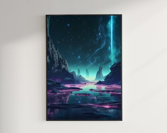 Cosmic Tide Pools:  cosmic, tide pools, starlight, barren, atmosphere, surreal, sci-fi, glowing, turquoise, ethereal, otherworldly