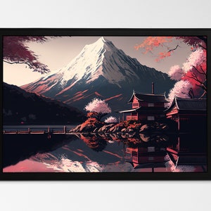 Red Serenity:  apanese architure Mt. Fuji painting Cherry blossom Red-hued Serene pond Reflective mountain art Still water landscape scene