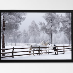 Winter Wonder: Child, horses, winter, snow, fence, field, white, frosted trees, painterly, realistic.
