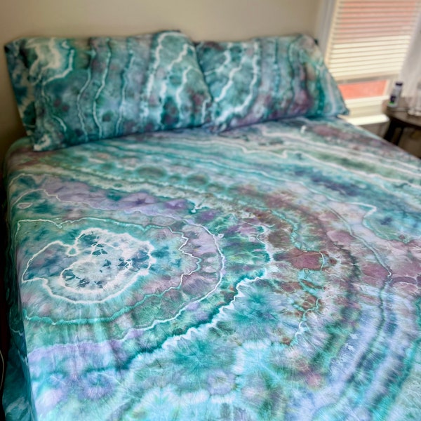 Ice dye sheet set, tie dye sheets, tie dye bed linens, tie dye pillowcases hand dyed bedding