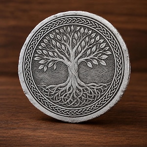 May include: A circular silver-toned metal medallion featuring a detailed embossed design of a tree with spreading branches and intricate roots. The central tree motif is enclosed within a decorative border of braided knotwork patterns.