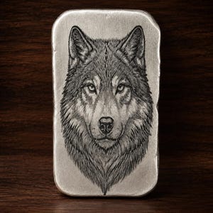 May include: A rectangular silver-coloured metal bar featuring a detailed, etched portrait of a wolf's head centred on the front surface. The wolf is depicted with intricate fur textures, pointed ears, and forward-facing eyes in a monochromatic style.