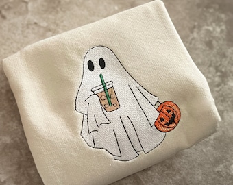Ghost With Coffee Sweatshirt Embroidered, Cute Ghost Sweatshirt, Halloween Crewneck